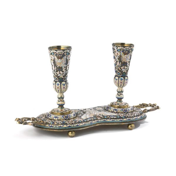 TWO SILVER AND ENAMEL CALIX WITH TRAY, MOSCOW, BEGINNING OF XX CENTURY, ASSAYER IVAN SERGEYEVICH LEBEDKIB