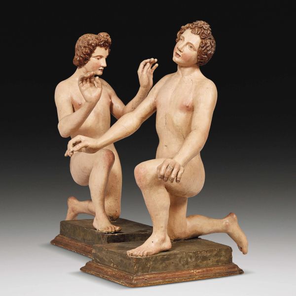 Tuscan, late 16th century, A pair of kneeling nacked young men, carved and polychromed painted wood, 70x26x50 cm