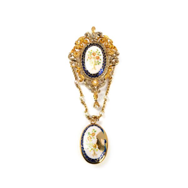 



ENAMELED BROOCH WITH A PENDANT IN 18KT YELLOW GOLD