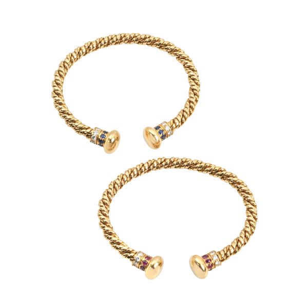 SAPPHIRE RUBY AND DIAMOND BANGLE BRACELETS IN 18KT YELLOW GOLD