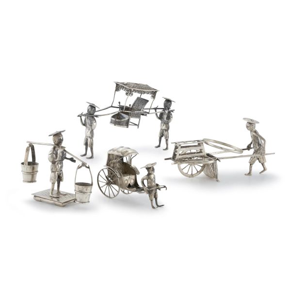 FOUR SILVER MODELS OF CHINESE CHARACTERS WITH CART AND BUCKETS, CHINA, 20TH CENTURY