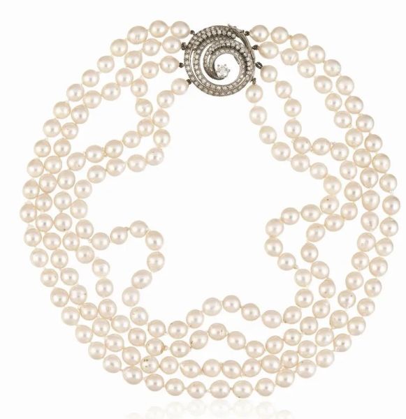 COLLANA IN ORO BIANCO, PERLE E DIAMANTI