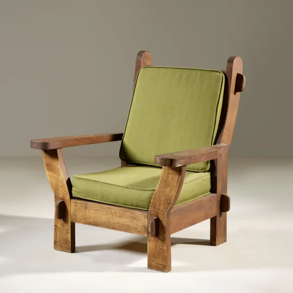 



WOODEN ARMCHAIR, GREEN FABRIC UPHOLSTERED SEAT 