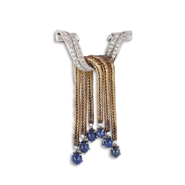 SAPPHIRE AND DIAMOND RIBBON BROOCH IN 18KT TWO TONE GOLD