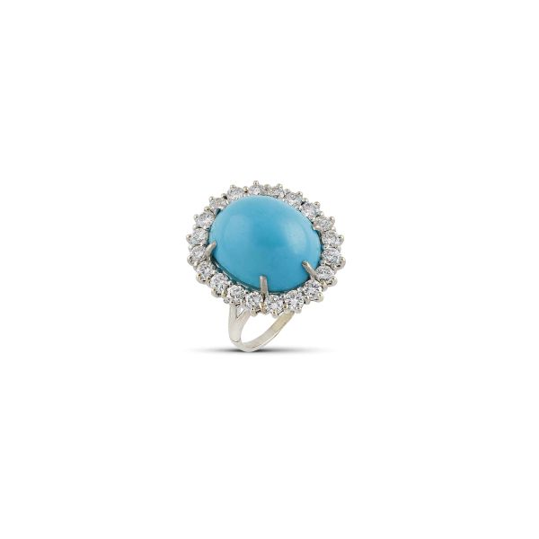 MARGUERITE-SHAPED TURQUOISE AND DIAMOND RING IN 18KT WHITE GOLD