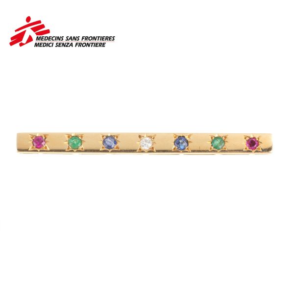 MULTI GEM BARRETTE BROOCH IN 18KT YELLOW GOLD