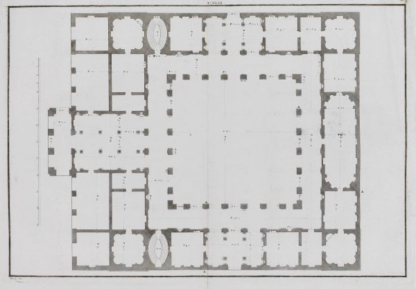     Lotto di cinque stampe raffiguranti pianta prospetto e sezioni di edifici, cm 46x62 ca. 