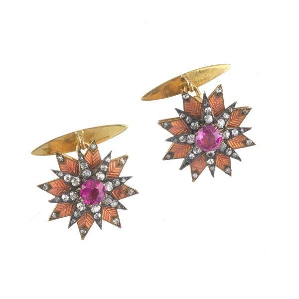 STAR-SHAPED RUBY AND DIAMOND CUFFLINKS IN GOLD AND SILVER