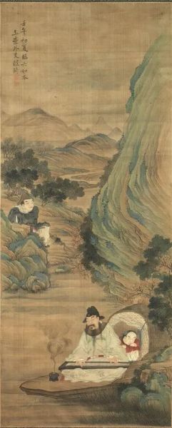  Dipinto su seta Cina dinastia Qing sec. XIX,  raffigurante musicista in un paesaggio montuoso, cm 135x54 