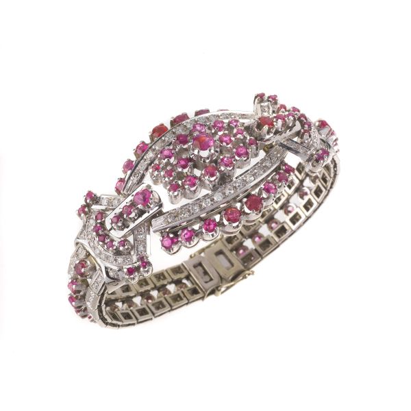 RUBY AND DIAMOND WIDE BAND BRACELET IN 18KT WHITE GOLD