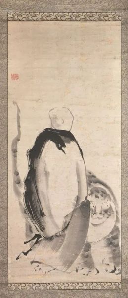 Kakemono Giappone, inchiostro su carta raffigurante monaco buddista con tigre, sigillo Dasokukenshohaku, firma Soga Shohaku, misure totali cm 180x65