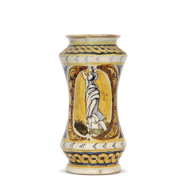 A PHARMACY JAR (ALBARELLO), SCIACCA, WORKSHOP OF LO BUE, FIRST HALF 17TH CENTURY