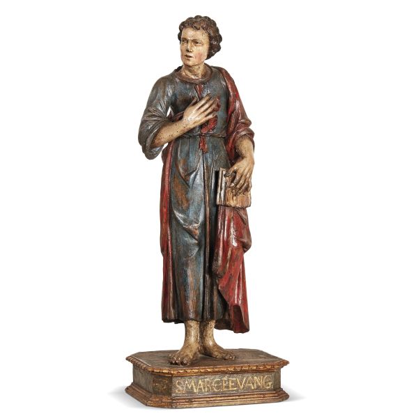 Tuscany, 17th century, Saint Marc Evangelist, polychromed and partially gilt wood, base with inscription S.MARCE.EVANG, 115x46x3 cm