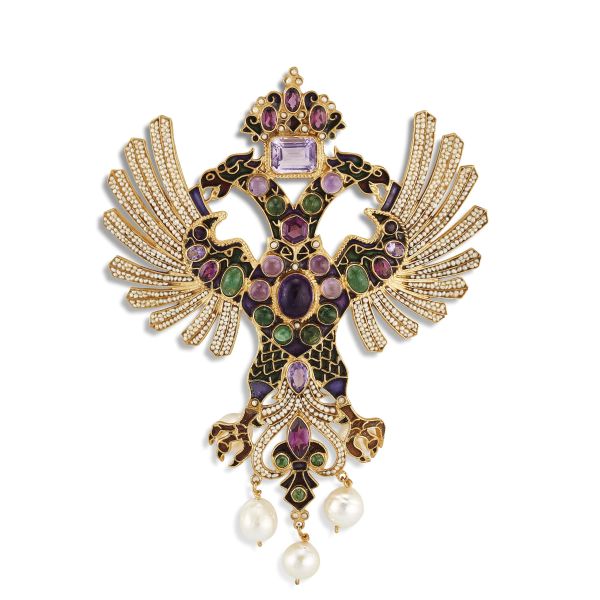 PERCOSSI PAPI BIG TWO HEADED EAGLE-SHAPED BROOCH IN GOLDEN METAL