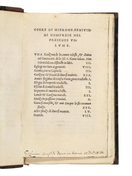 (Prime edizioni) BENIVIENI, Girolamo. Opere. (Impresso in Firenze, per li heredi di Philippo di Giunta, 1519).