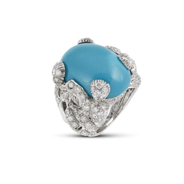 TURQUOISE PASTE AND DIAMOND RING IN 18KT WHITE GOLD