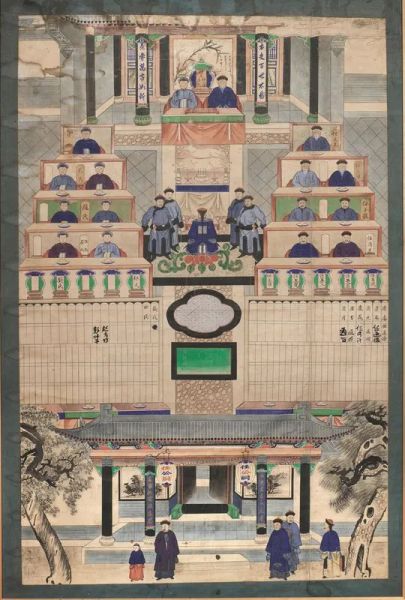  Grande pannello, Cina fine dinastia Qing (1644-1911),  pittura su carta bordata in seta, raffigurante albero genealogico, cm 185x121,5,  difetti piccoli buchi e macchie di umido 