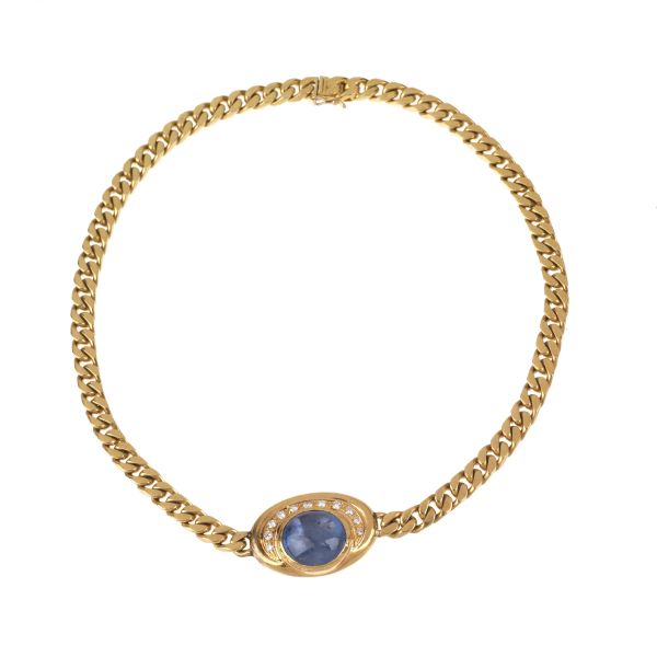 SAPPHIRE AND DIAMOND CURB NECKLACE IN 18KT YELLOW GOLD