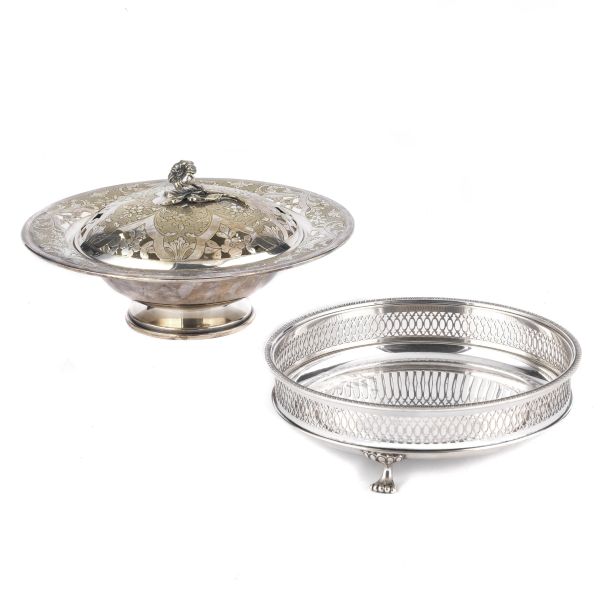 A SILVER STAND, 20TH CENTURY AND A SILVER PLATED METAL FOOD HOLDER, 20TH CENTURY