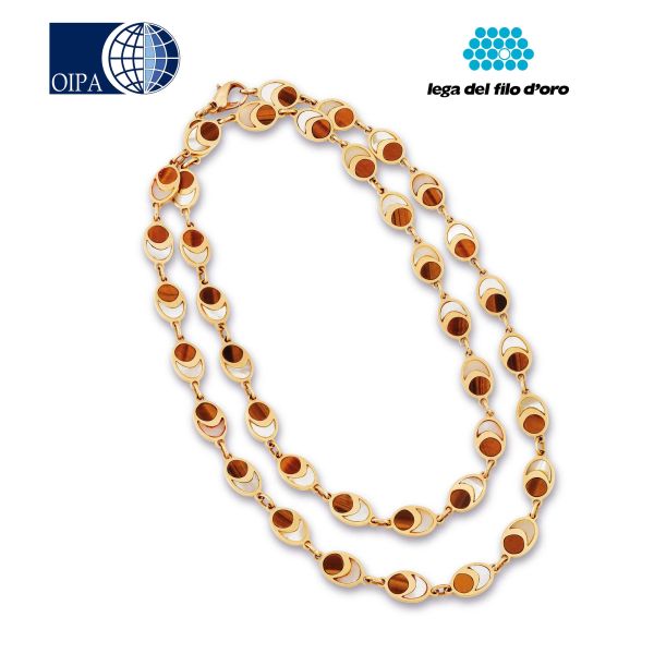 BULGARI LUNGA COLLANA CON OCCHIO DI TIGRE E MADREPERLA