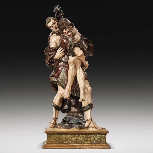 Neapolitan sculptor, 18th century, Aeneas and Anchises, carved and partially gilt and painted in polychromy wood, 122x58x50 cm, on a rectangular gilt base