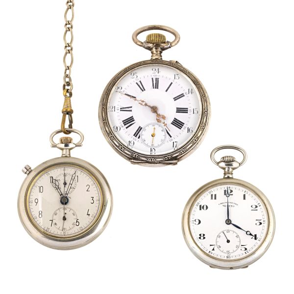 



TRE OROLOGI DA TASCA IN ARGENTO E METALLO