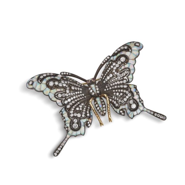 BUTTERFLY-SHAPED OPAL DIAMOND AND RUBY BROOCH IN SILVER AND GOLD