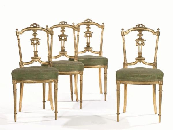 Quattro sedie, in stile Luigi XVI, fine sec. XIX, in legno intagliato e&nbsp;&nbsp;&nbsp;