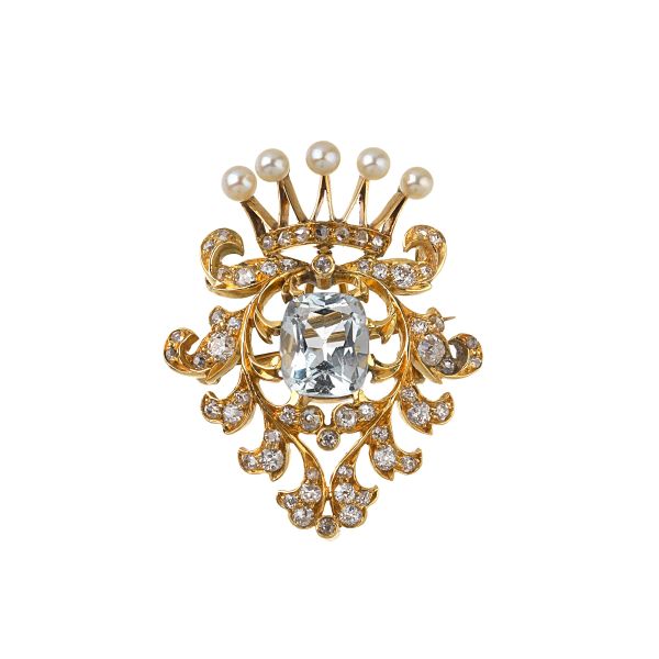 



SEMIPRECIOUS STONE PEARL AND DIAMOND BROOCH IN 18KT YELLOW GOLD