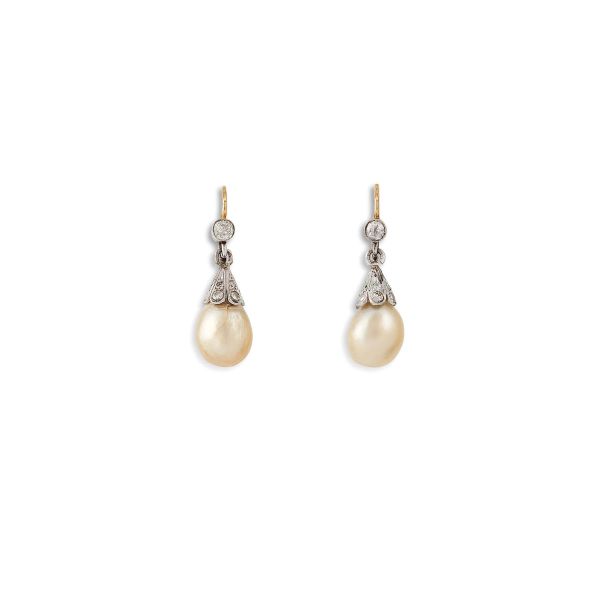 NATURAL PEARL AND DIAMOND DROP EARRINGS IN 18KT TWO TONE GOLD