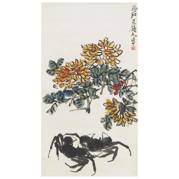 



A PAINTING OF CHRYSANTHEMUMS AND CRAB BY WANG ZHUJIU, CHINA, 20TH CENTURY 