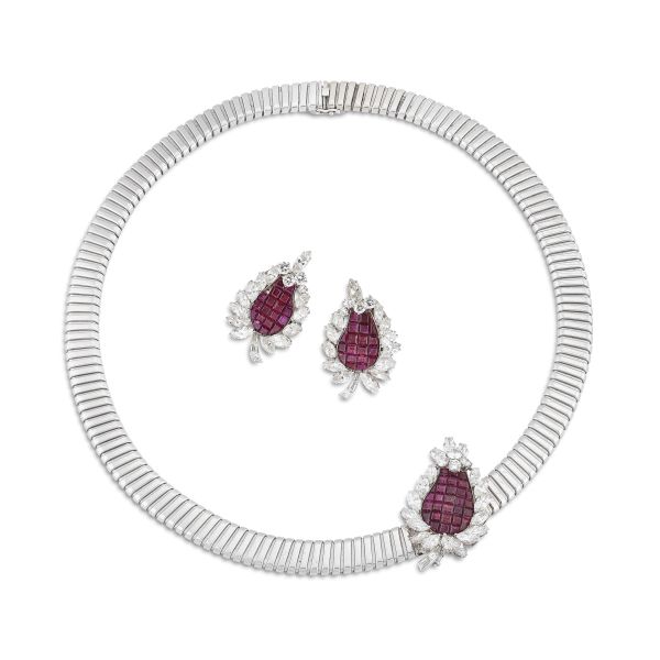 BULGARI FLORAL MOTIF RUBY AND DIAMOND PARURE IN 18KT WHITE GOLD