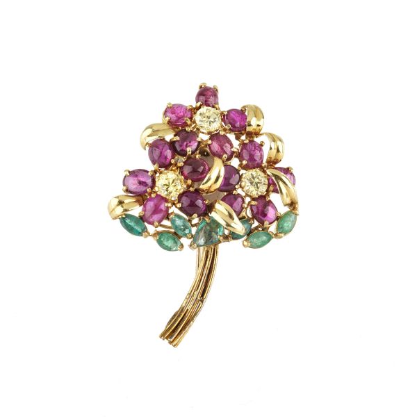 FLOWERING BRANCH COLOURED STONE BROOCH IN 18KT YELLOW GOLD