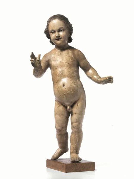  Scultura, Napoli sec. XVIII,  GesÃ¹ Bambino benedicente, in legno policromo intagliato e scolpito, occhi in vetro, alt. cm 45              