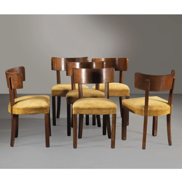 



SIX CHAIRS, WOODEN STRUCTURE, YELLOW FABRIC UPHOLSTERY 