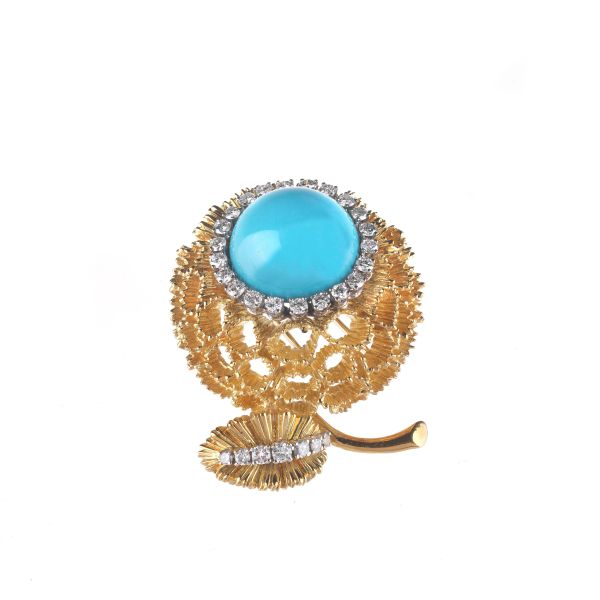 FLOWER-SHAPED TURQUOISE AND DIAMOND RING IN 18KT TWO TONE GOLD