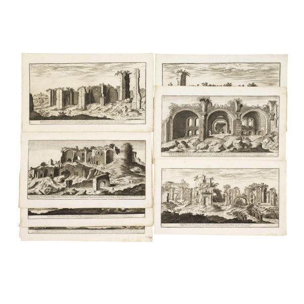 (Roma)   Lotto di 7 incisioni calcografiche con vedute della Roma archeologica. XVI-XVII secolo.
