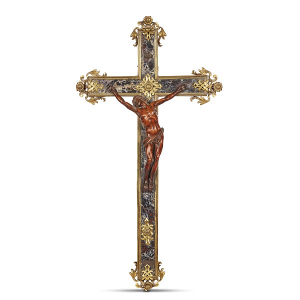 Roman school, early 18th century, Meditation Cross, wood panelled in jasper and bordered in gilded bronze and Crucifix on booxwood