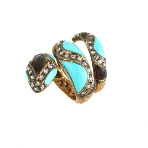 HARD STONE AND DIAMOND SNAKE RING IN SILVER AND GOLD