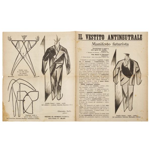 BALLA, Giacomo.   Il vestito antineutrale. Manifesto futurista  . Milano, Direzione del Movimento Futurista (Tip. A. Taveggia), (1914, 11 settembre).