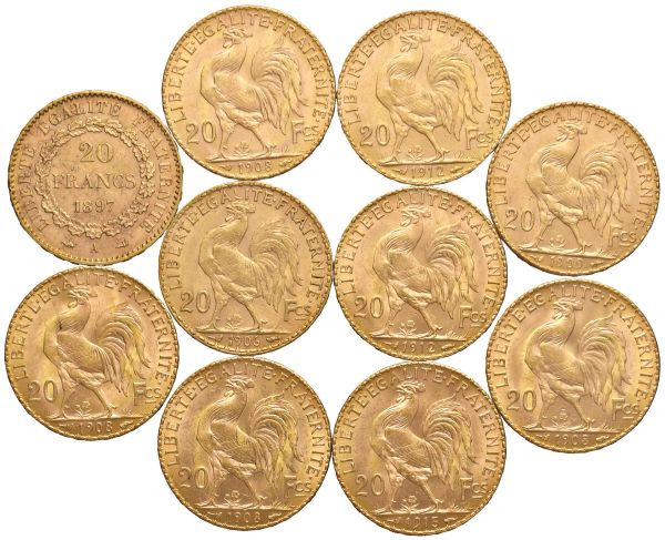 FRANCIA. DIECI MONETE D&rsquo;ORO DA 20 FRANCHI