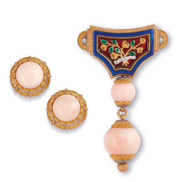 CAZZANIGA PARURE CON CORALLO ROSA E DIAMANTI