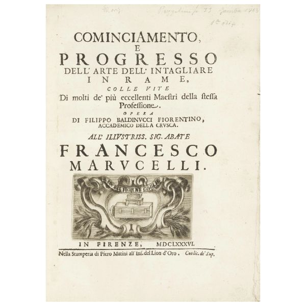 Baldinucci, Filippo. Cominciamento e progresso dell'arte dell'intagliare in rame colle vite di molti de' più eccellenti maestri della stessa professione. Firenze, Matini, 1686.