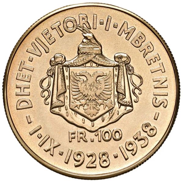 ALBANIA. RIPRODUZIONE IN ORO DEI 100 FRANGA 1938