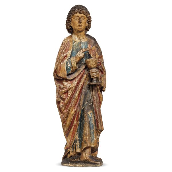 Northern Italy, late 15th century, A blessing figure, carved and polychromed painted wood, 100x32x22 cm