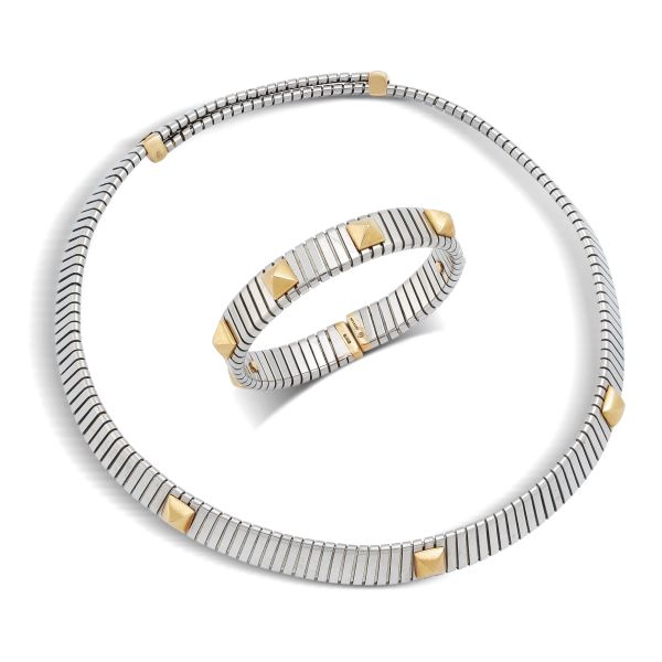 Bulgari - BULGARI &quot;TUBOGAS&quot; DEMI PARURE IN STEEL AND 18KT YELLOW GOLD