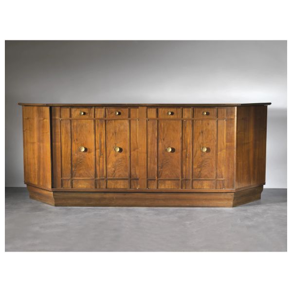 LARGE SIDEBOARD, WOODEN STRUCTURE BRASS HANDLES, FOUR FRONT AND TWO SIDES DOORS