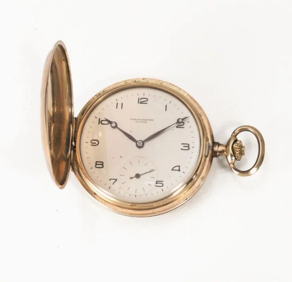 Orologio da tasca in oro giallo Chronometre Suisse, in oro rosa 12 kt, corredato di catena in oro rosa, g 27
