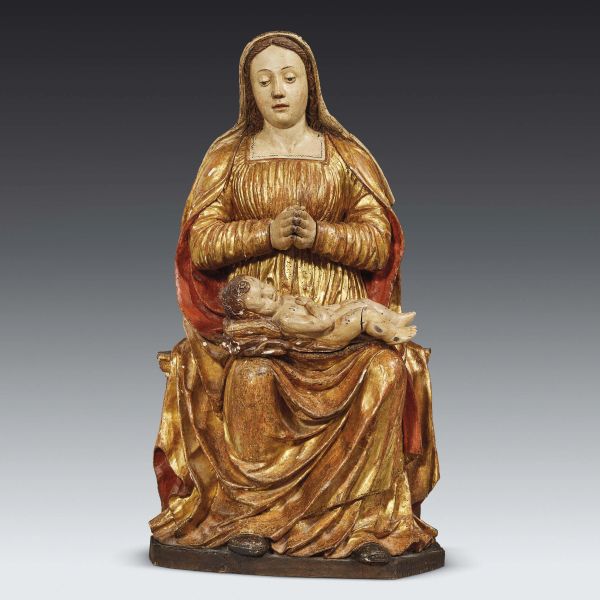 Maffeo Olivieri, Enthroned Madonna with child, gilded and polychrome wood 