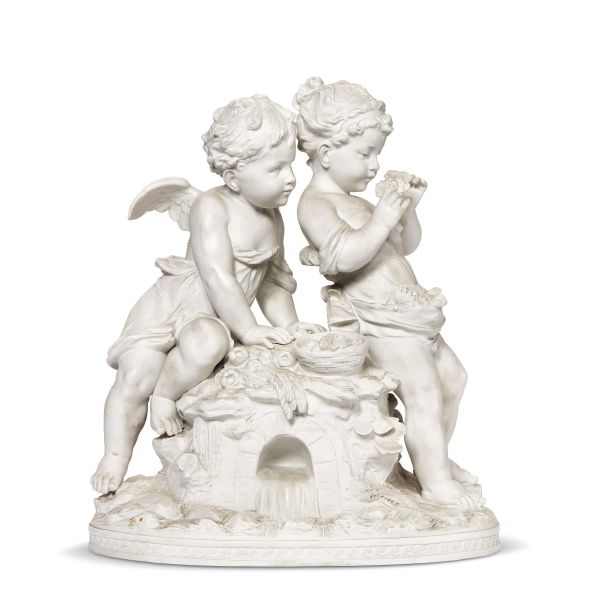 French, early 19th century, Cupid and Psyche, bisquit, signed Marion, 45,5x37x26 cm